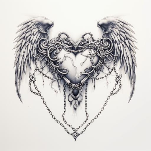 Sketch a realistic tattoo design of a heart with a bandage and chains, surrounded by wings, on a white background. Pay attention to the intricate details of the bandage, feathers,chains and shading