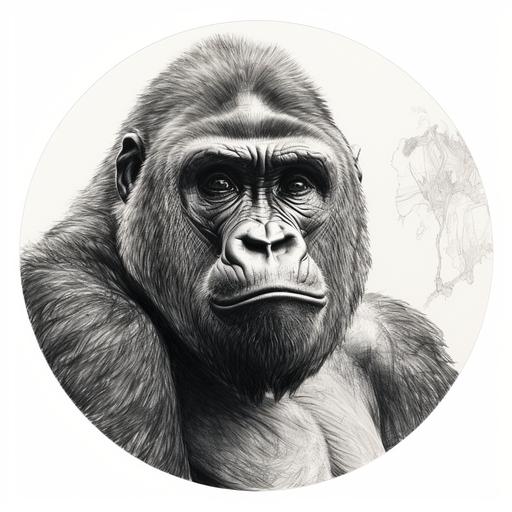 Sketch art of a gorilla, drawn pencil, black and white, circle logo