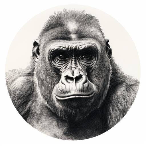 Sketch art of a gorilla, drawn pencil, black and white, circle logo
