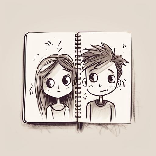 Sketch notebook style illustration (monochrome) of two good friends. They are feeling fear. Postcard image explaining emotions. Banksy style A heartwarming man and woman. Sketch notebook style. They like each other but are not yet together. Two people blushing. Alone at school.simple illustration.pop illustration.