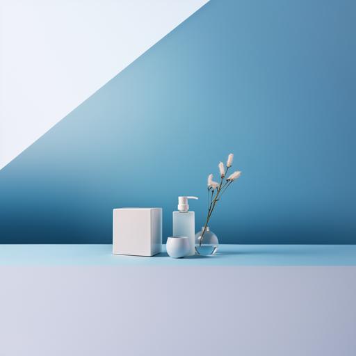 Skincare aesthetics. Picture of a cute skincare routine consisting of a cleanser, a moisturizer and a small square box . Minimalist. Shine blue background. Front view
