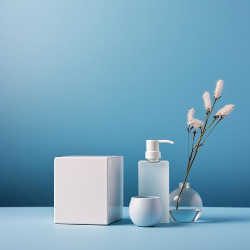 Skincare aesthetics. Picture of a cute skincare routine consisting of a cleanser, a moisturizer and a small square box . Minimalist. Shine blue background. Front view