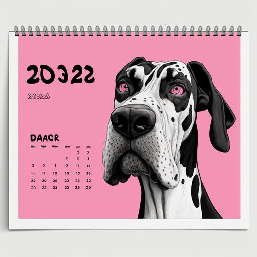 calender 2023 great dane rescue pink black white cartoon style concept v4