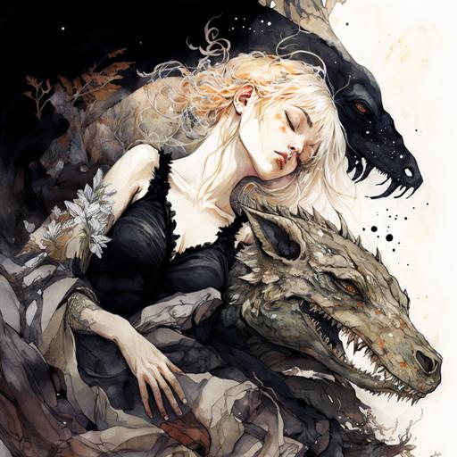 Sks middle aged blonde woman sleeping with a big ancient dinosaur, black broken, ripped dress, high contrast, full body shot, highly detailed, masterpiece, watercolor, art by rebecca guay --v 4