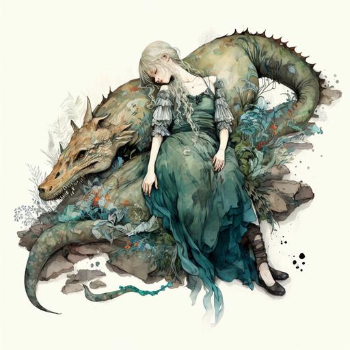 Sks middle aged blonde woman sleeping with a big ancient dinosaur, black broken, ripped dress, high contrast, full body shot, highly detailed, masterpiece, watercolor, art by rebecca guay --v 4