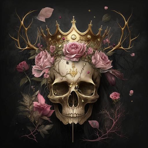Skull, Gothic, Fantasy, Pink Roses, Gold Crown