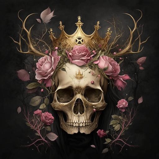 Skull, Gothic, Fantasy, Pink Roses, Gold Crown