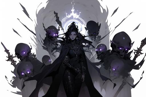 a woman necromancer surround in ethereal energy and fantasy gothic symbols, black hair, drow, in the style of dark horse comics, --ar 3:2 --niji 5