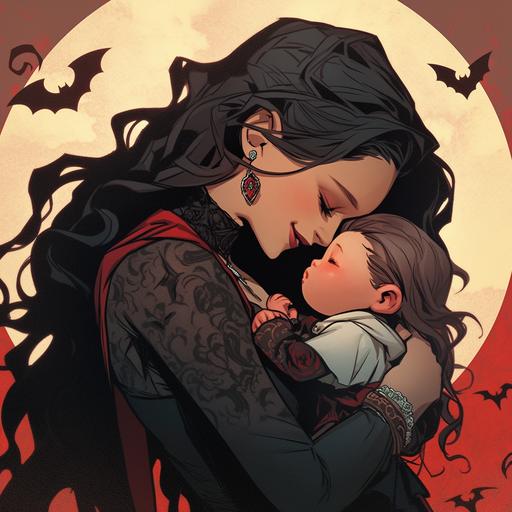 female mother holding daughter in the style of dark horse comics in a vampire theme setting --niji 5