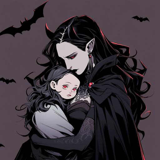 female mother holding daughter in the style of dark horse comics in a vampire theme setting --niji 5