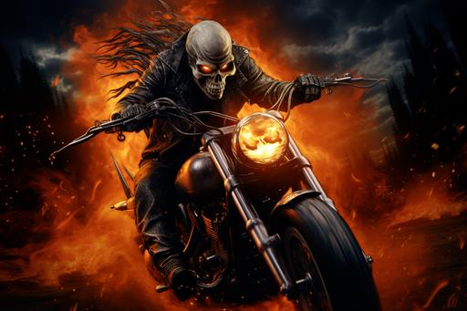 Skull fire night rider on motorcycle, moonlight, photorealistic, --ar 3:2