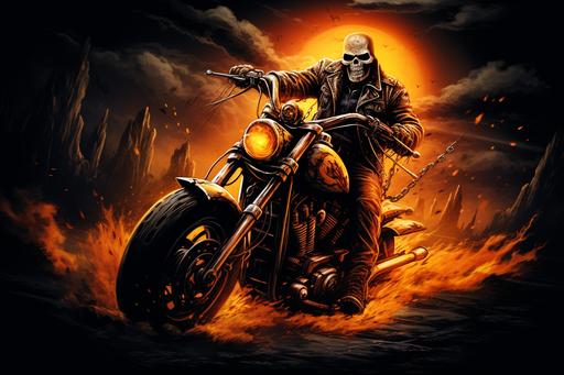 Skull fire night rider on motorcycle, moonlight, photorealistic, --ar 3:2