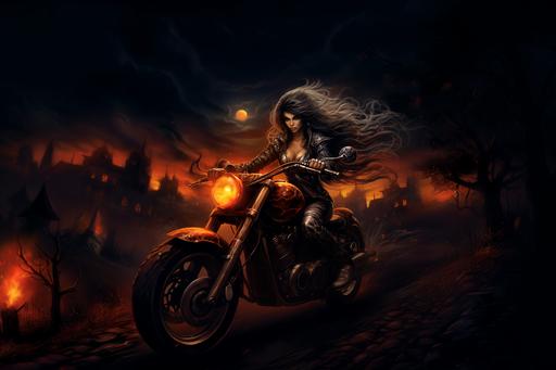 Skull fire night rider on motorcycle riding beautiful girl, moonlight, photorealistic, --ar 3:2