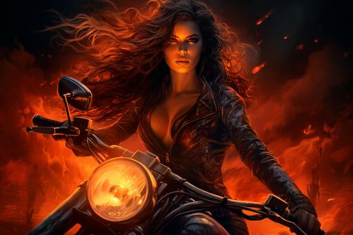 Skull fire night rider on motorcycle with beautiful girl, moonlight, photorealistic, --ar 3:2