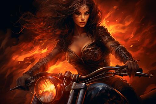 Skull fire night rider on motorcycle with beautiful girl, moonlight, photorealistic, --ar 3:2