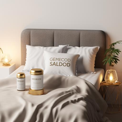 Sleep capsules mockup of HEMP Products. Bedroom Background, night layout. Mockup of sleep capsules, white background & Gold text, Gold Background & White text. Very realistic and more design elements