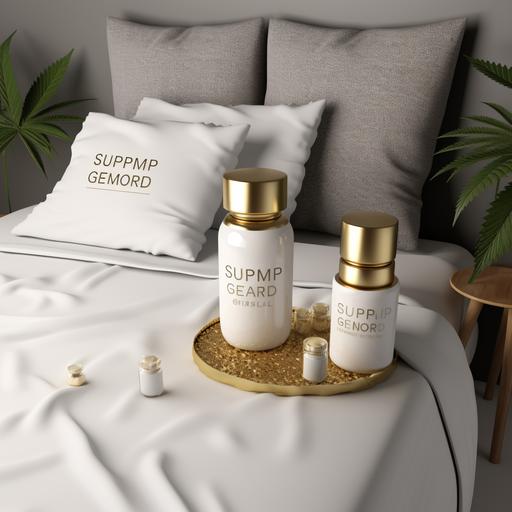 Sleep capsules mockup of HEMP Products. Bedroom Background, night layout. Mockup of sleep capsules, white background & Gold text, Gold Background & White text. Very realistic and more design elements