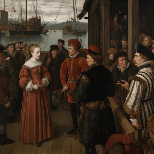 Slender woman with brownish hair with red highlights, talking to Naval soldiers and politicians in Bergen, Norway in 1570