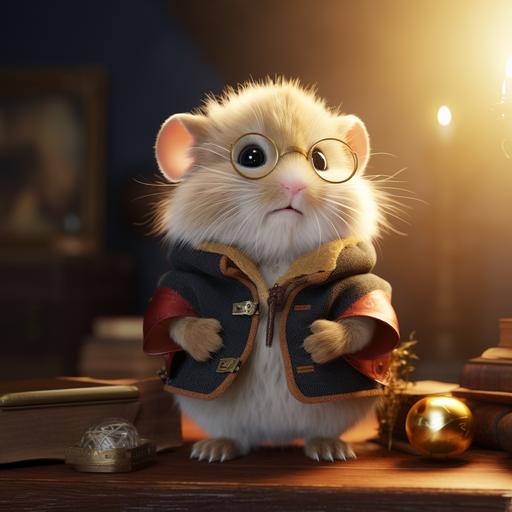 Small Fluffy and cute Hamster, Wizard, Photo realistic, Background Strixhaven Silverquill dorm, unreal engine, 8k