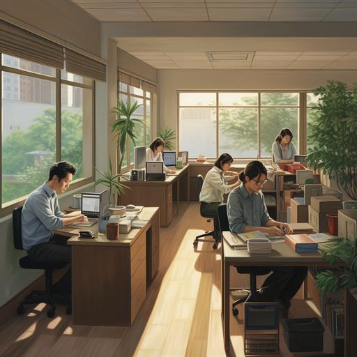Small Office Working Scene, with 5 Asian Individuals, Neatly Organized Office, and No Windows.