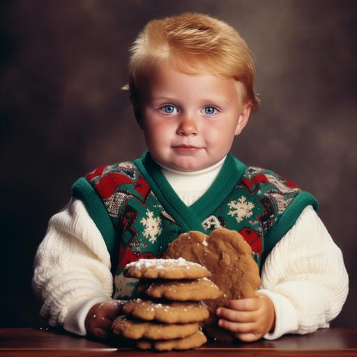 Small child wearing an ugly christmas vest and sweater posing in front of the camera eating a cookie, photograph, 90s film