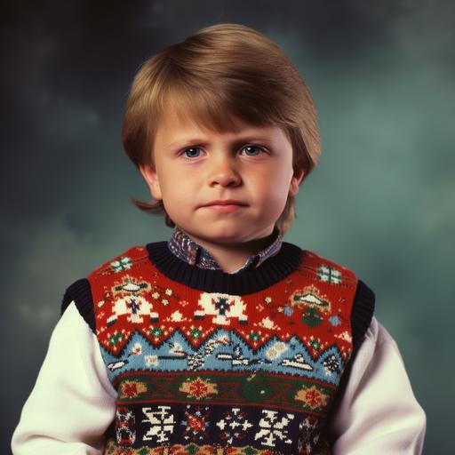 Small child wearing an ugly christmas vest and sweater posing in front of the camera, photograph, 90s film