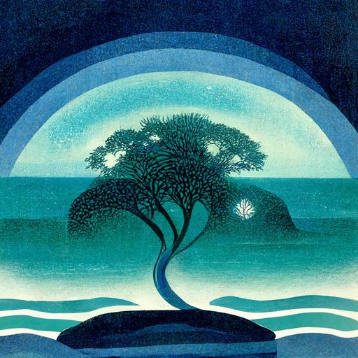 Small glowing blue stone the color of the ocean glimmering behind a large aqua tree with swirling patterns that dance and shimmer. Illustration, art deco, vibrant.