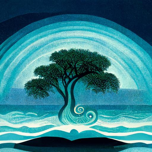 Small glowing blue stone the color of the ocean glimmering behind a large aqua tree with swirling patterns that dance and shimmer. Illustration, art deco, vibrant.