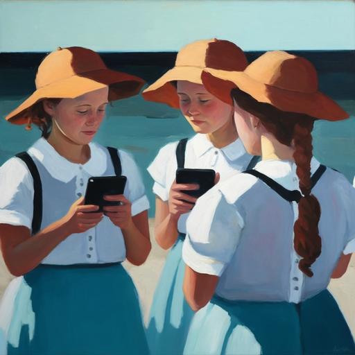 Small group of amish teenage girls at the beach taking photos of each other on their Iphones. Laughing and having fun. Oil painting on canvas