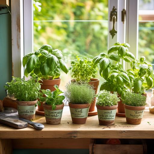 Small pots of various herbs like basil, mint, and parsley neatly arranged on a windowsill or a wooden shelf. Each pot is labeled, and there's a small watering can nearby. The scene is sunlit, highlighting the fresh green leaves of the herbs, and may include gardening gloves and a trowel, suggesting an actively maintained garden.