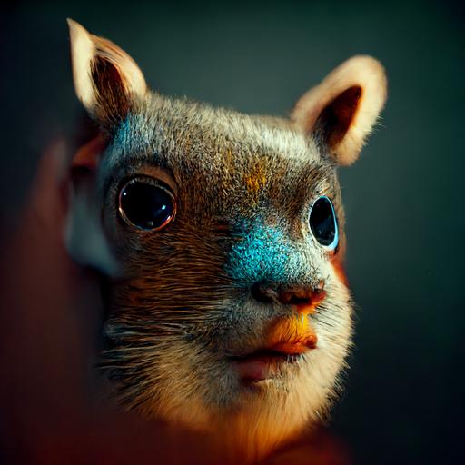 Small squirrel face portrait painted like David Hockney, octane render, hyper realistic detail, dramatic lighting