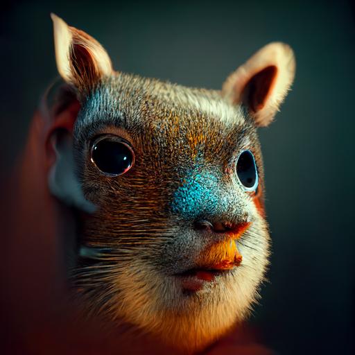 Small squirrel face portrait painted like David Hockney, octane render, hyper realistic detail, dramatic lighting