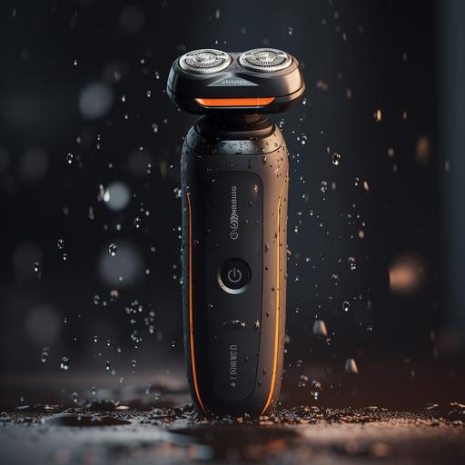 Smart electric shaver, lying flat in black stones, adorned with water droplets and orange stripes, creamy style, Xiaomi style, simple structure, streamlined design, beautiful e-commerce background, Canon, blurred photography style, realistic rendering, lifelike light and colors. --ar 1:1 --v 5.2