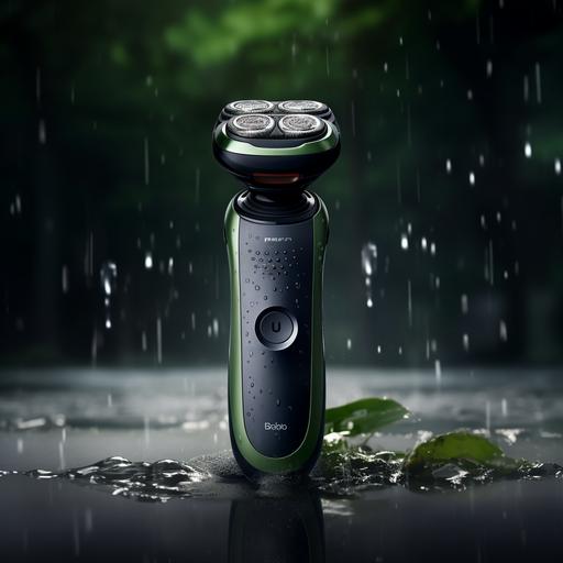 Smart shaver, lying flat among black stones, adorned with water droplets and delicate green stripes. It has a creamy style, resembling Xiaomi's simplicity in structure and streamlined design. It is showcased against a beautiful e-commerce backdrop, with Canon's blurred photography style, realistic rendering, and lifelike light and colors. --ar 1:1 --v 5.2