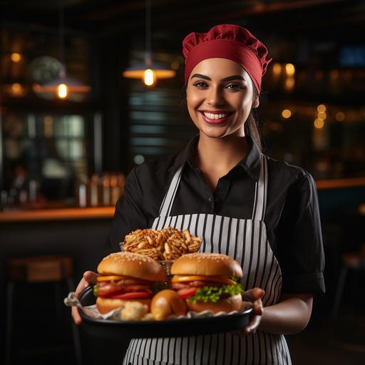 Smiling Persian waitress is serving big hamburger with french fries, ketchup sauces, on her tray a big cold glass of Beer, focus on burgers, romantic lighting restaurant, with restaurant details, show real customers sitting on tables and eating burgers, cheers Beer together