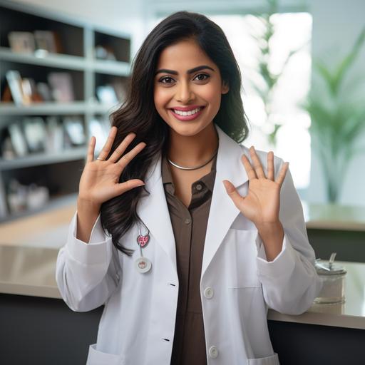 Smiling beautiful young indian ethnicity female doctor cardiologist showing heart symbol with fingers, expressing love and support to patients, healthcare medical help charity donation concept