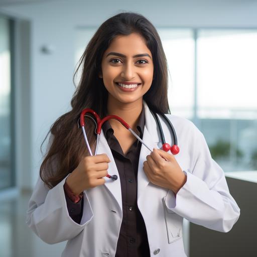 Smiling beautiful young indian ethnicity female doctor cardiologist showing heart symbol with fingers, expressing love and support to patients, healthcare medical help charity donation concept