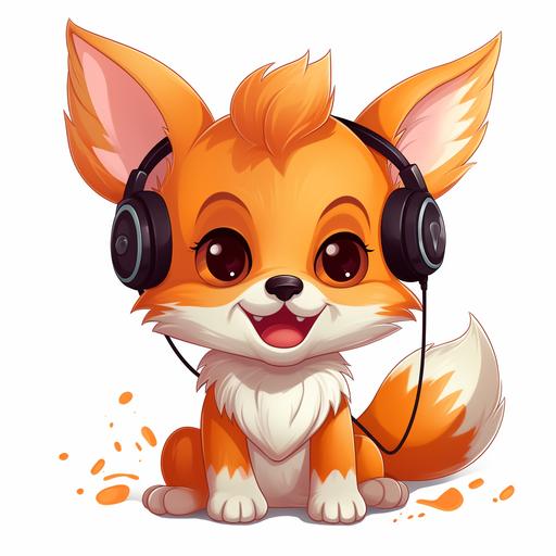 Smiling cute cartoon fox with headphones on fox ears