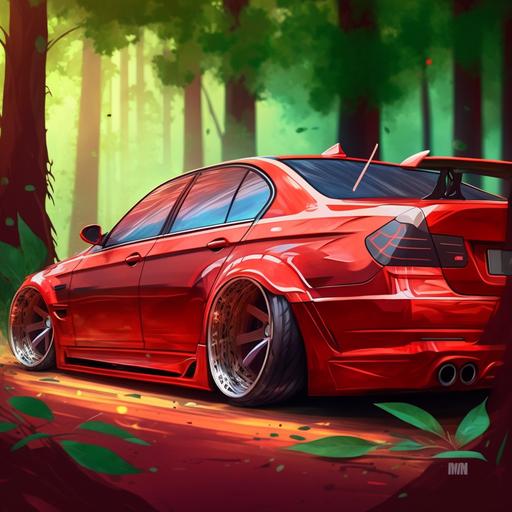Car, red, sport, sedan, low-profile tires, high rear spoiler, road, green trees, round headlights, grille, aerodynamic hood, elongated rear, sun, surface, reflections.