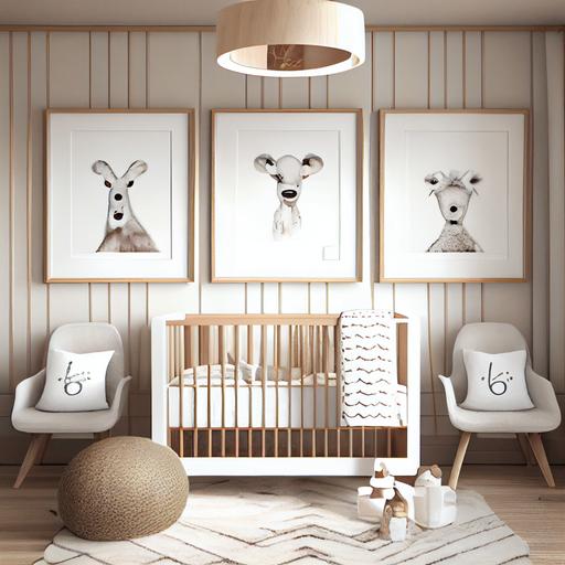 modern neutral baby nursery room with 3 framed pictures on wall --v 4 --upbeta