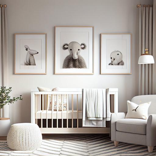 modern neutral baby nursery room with 3 framed pictures on wall --v 4 --upbeta