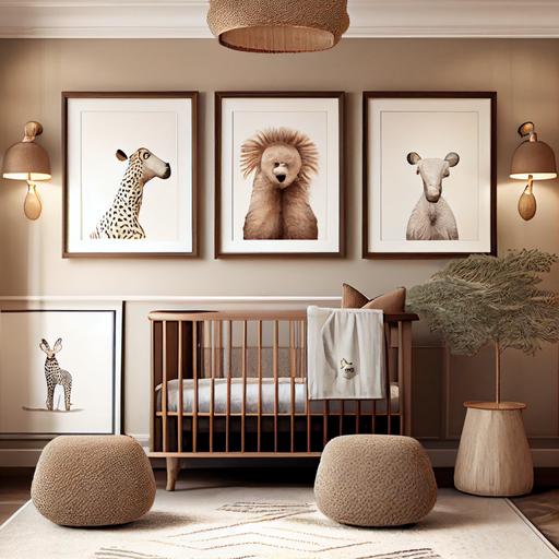 safari inspired baby nursery room with 3 framed pictures on wall --v 4 --upbeta