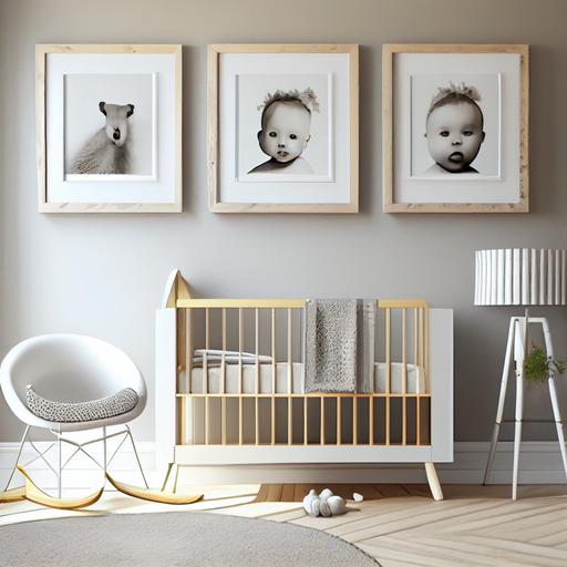 very modern neutral baby nursery room with 3 framed pictures on wall --v 4 --upbeta