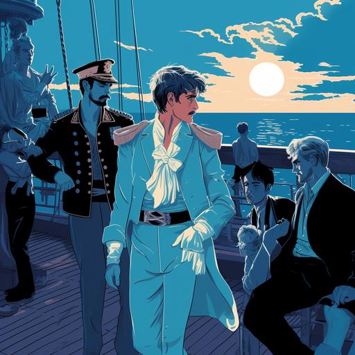 Smoke and mirrors, pirate ship, crew singing, warm sunny climate, Francesco Francavilla, Patrick Nagel, digital vector art, nautical, light blue, light green, grey, whimsical --style 7wMJqbaJqwE6Wv