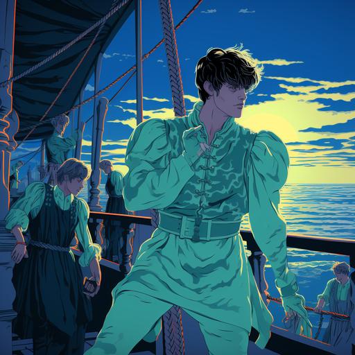 Smoke and mirrors, pirate ship, crew singing, warm sunny climate, Francesco Francavilla, Patrick Nagel, digital vector art, nautical, light blue, light green, grey, whimsical --style 7wMJqbaJqwE6Wv --s 250