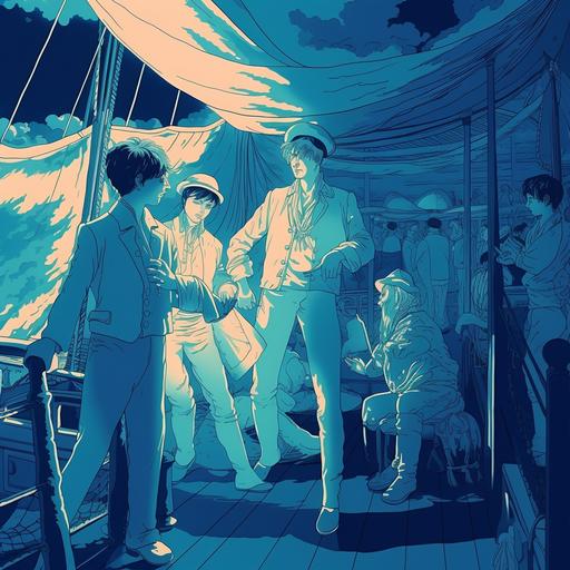 Smoke and mirrors, pirate ship, crew singing, warm sunny climate, Francesco Francavilla, Patrick Nagel, digital vector art, nautical, light blue, light green, grey, whimsical --style 7wMJqbaJqwE6Wv