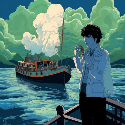 Smoke and mirrors, pirate ship, warm sunny climate, Francesco Francavilla, Patrick Nagel, digital vector art, nautical, light blue, light green, grey, whimsical --style 7wMJqbaJqwE6Wv