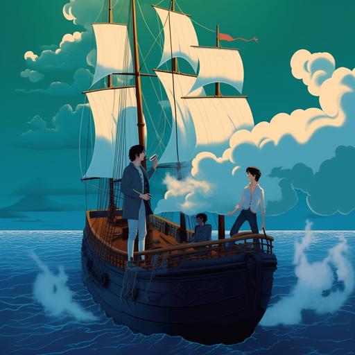 Smoke and mirrors, pirate ship, warm sunny climate, Francesco Francavilla, Patrick Nagel, digital vector art, nautical, light blue, light green, grey, whimsical --style 7wMJqbaJqwE6Wv