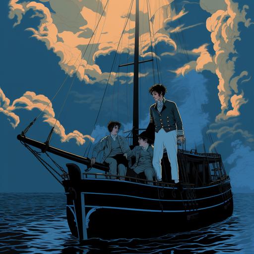 Smoke and mirrors, pirate ship, warm sunny climate, Francesco Francavilla, Patrick Nagel, digital vector art, nautical, light blue, light green, grey, whimsical --style 7wMJqbaJqwE6Wv