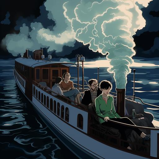 Smoke and mirrors, pirate ship, warm sunny climate, Francesco Francavilla, Patrick Nagel, digital vector art, nautical, light blue, light green, grey, whimsical --style 7wMJqbaJqwE6Wv